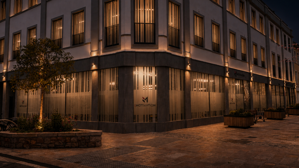 One Motivation gym exterior at night on Halkett Street, St Helier, Jersey