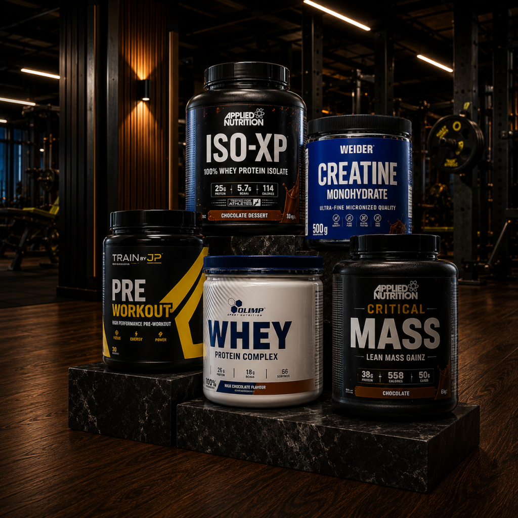 Premium supplement range at One Motivation: Applied Nutrition ISO-XP, Weider Creatine, Train by JP pre-workout, Olimp Whey and Critical Mass gainer